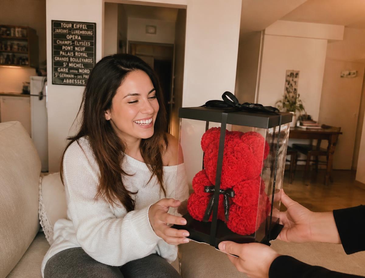 Mujer sonriendo al recibir el oso de rosas dentro de su caja transparente